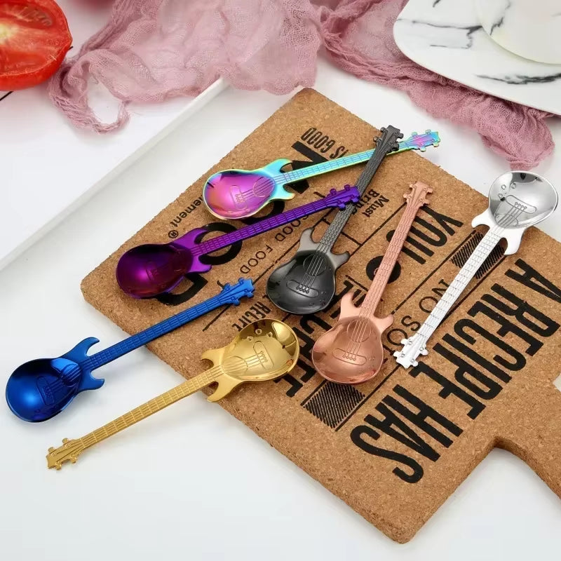 1Pcs Stainless Steel Guitar Shaped Love Coffee Spoon Teaspoon Children Spoon New Beautiful 7 Colors Coffee Tea Use Kitchen Spoon